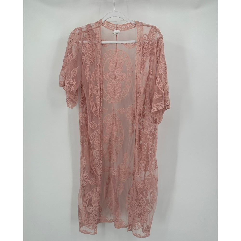 Womens Boho Coquette Sheer Lace Kimono Size S/M Romantic Ethereal Fairy Pink